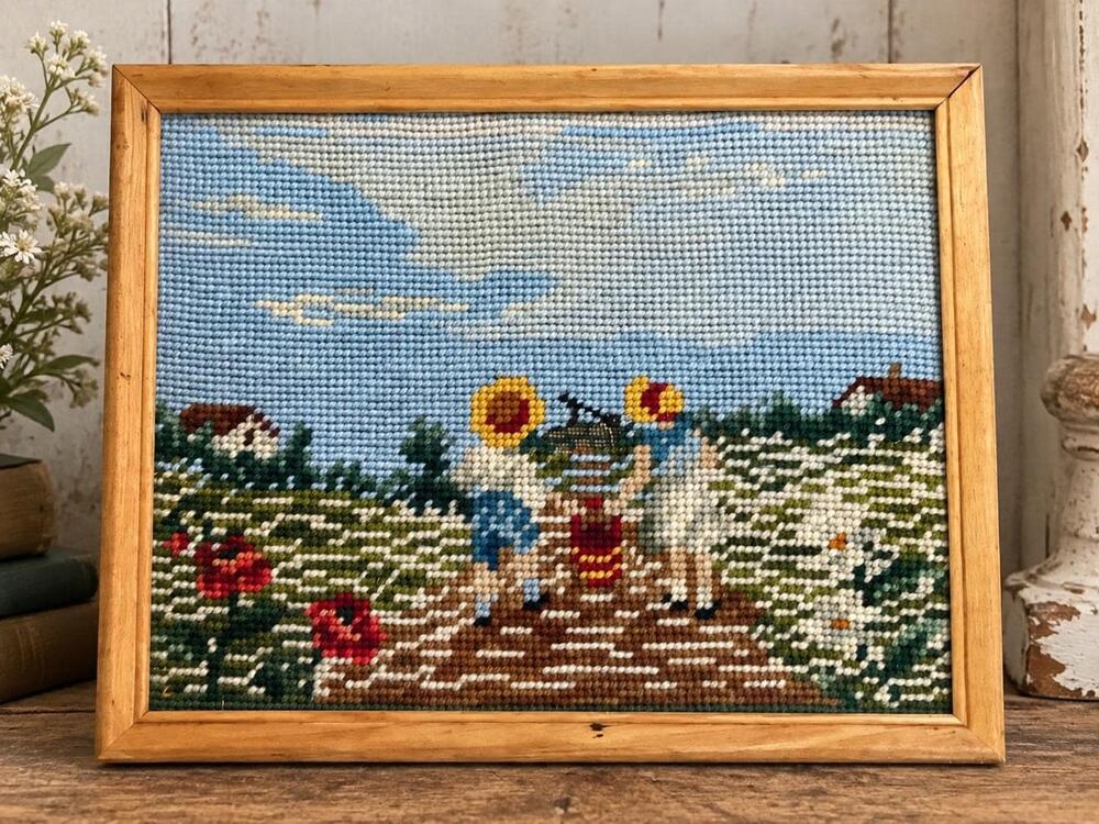 Vintage 1971 Hand Stitched Needlepoint Folk Art Garden Scene Cottagecore Decor